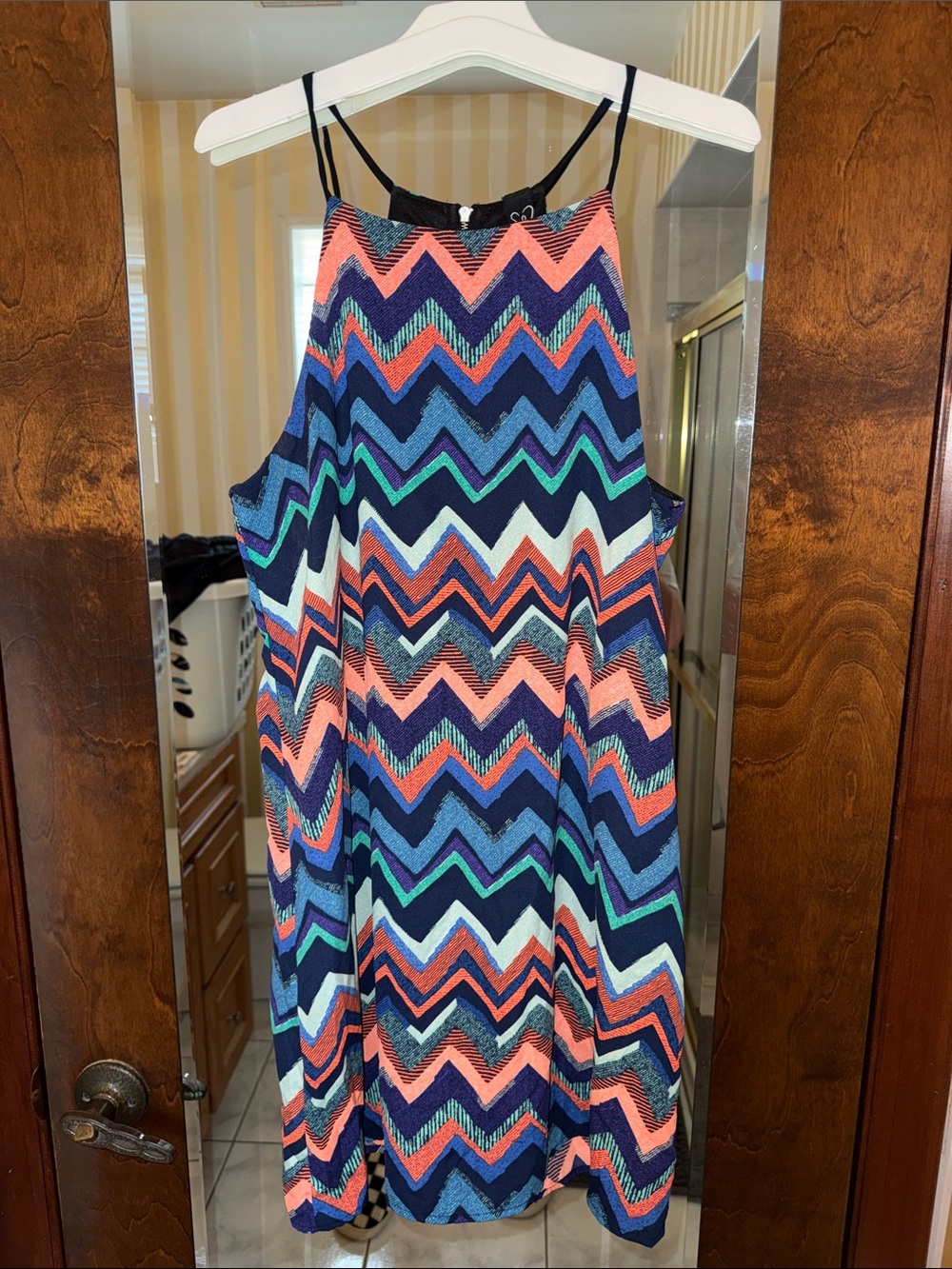 Women’s Chevron Print Navy & Coral Sleeveless Summer Dress